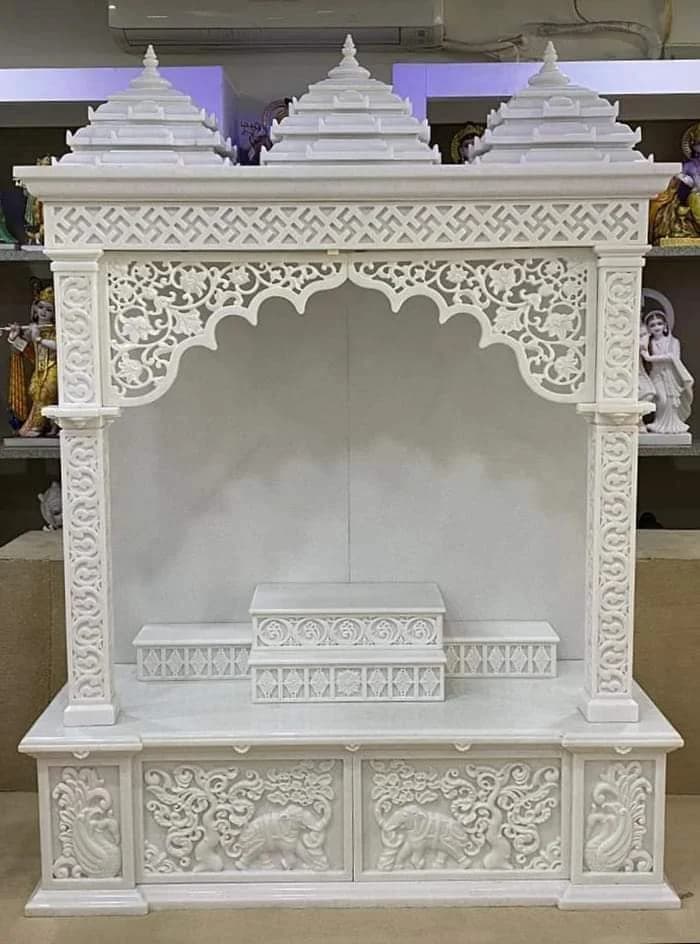 White Makrana Marble Mandir - Exquisite marble with hand-chiselled floral motifs and mirror polish